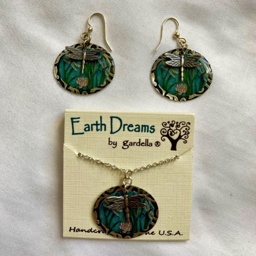 Dragonfly earrings + necklace, nature theme